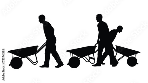 Men pushing wheelbarrows silhouettes isolated on white background, Vector