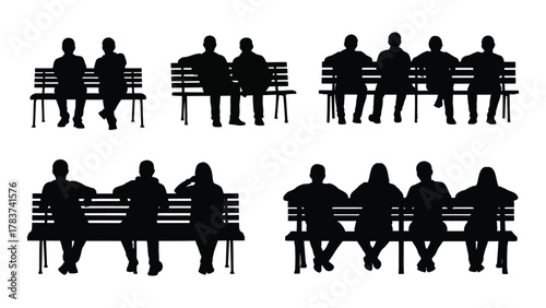 Silhouettes of people sitting on benches isolated on white background, Vector