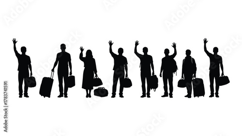 Travelers with luggage waving silhouettes isolated on white background, Vector