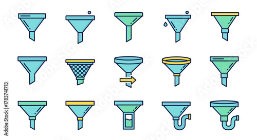 Collection of diverse funnel icons in a flat cartoon style, featuring various designs and functionalities, perfect for graphic design, web elements, and informational illustrations on a clean white