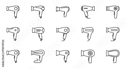 Collection of fifteen simple, thin-lined icons representing various hair dryers, perfect for web, books, cards, and apps. This vector cartoon illustration set features a white background and