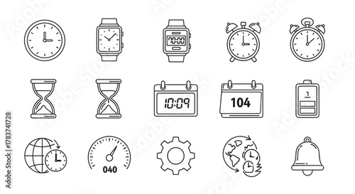 Collection of time-related line icons, including analog clocks, digital smartwatches, alarm clocks, hourglass timers, calendars, battery level indicators, global time zones, speedometers, gears, and