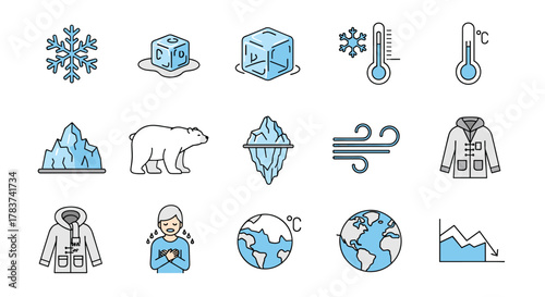 Global Cooling Line Icon Pack: A comprehensive collection of outline signs and vector cartoon illustrations depicting cold weather phenomena, polar regions, and environmental concerns, perfect for