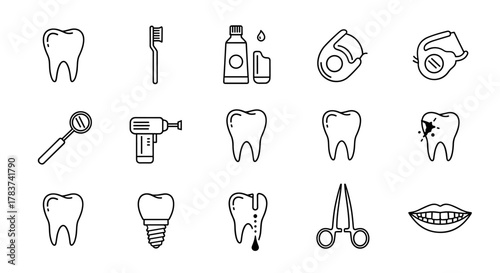 Set of dentist icons in simple line art style, a vector illustration featuring dental elements like teeth, toothbrush, dental drill, mirror, floss, implant, scissors, and a smiling mouth, perfect for