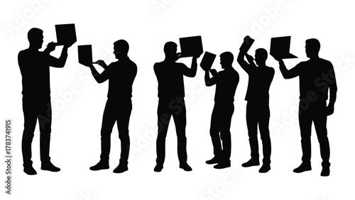 People interacting with digital devices silhouettes isolated on white background, Vector