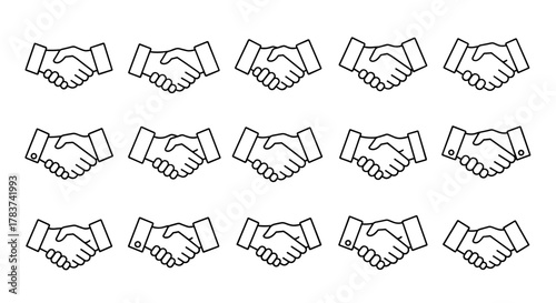 Seamless pattern of handshake outline icons, representing agreement, partnership, and business collaboration. This editable stroke vector illustration is perfect for infographics, articles, books
