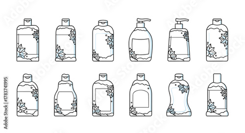 Collection of twelve outline illustrations of cosmetic bottles, featuring decorative elements of ice and snow, perfect for graphic design, web, apps, adverts, cards, and vector cartoon applications