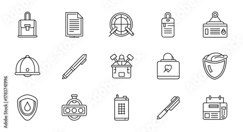 Set of 15 thin line icons representing various objects and concepts, including a briefcase, document, dartboard, flask, ID card, cap, pen, toolbox, heart lock, shield with drop, traffic light