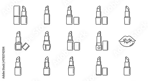 Collection of minimalist linear icons representing lipsticks in various styles and a pair of lips, perfect for web design, graphic applications, social media, and beauty-themed content, offering a