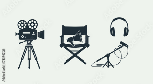Iconographic representation of film and production equipment, featuring a vintage film camera on a tripod, a director's chair with a megaphone, and audio recording tools including headphones and a