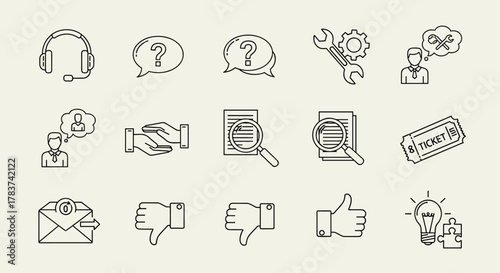 Customer support icon set collection in outline style, featuring a headset, question marks in speech bubbles, tools, a person thinking, handshake, document analysis, ticket, email, thumbs down