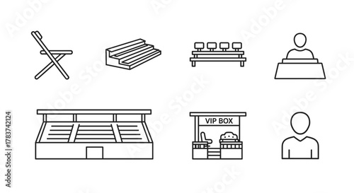 Audience and seating icon set, featuring a folding chair, bleacher bench, grandstand, VIP box, spectator, and a podium with a person, presented as clean outline graphics on a white background