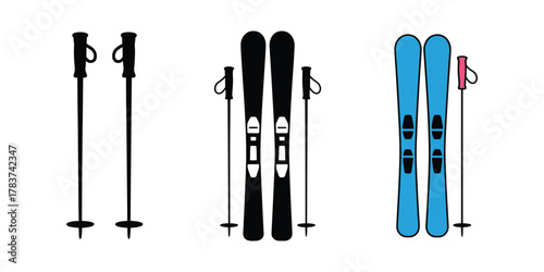Skis and poles for winter sports, alpine activities, and snow adventure designs.