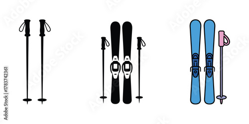 Skis and poles for winter sports, alpine activities, and snow adventure designs.