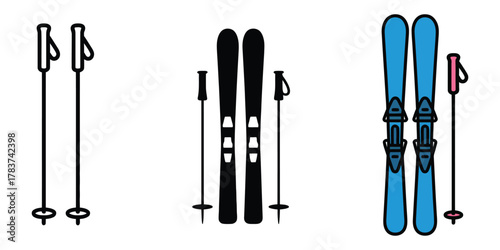 Skis and poles for winter sports, alpine activities, and snow adventure designs.