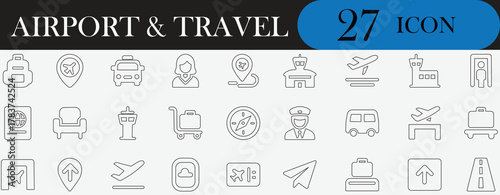Travel, airport, airplane, flight, tourism, vacation, journey icon set with luggage, passport, ticket, navigation — modern minimal vector design
