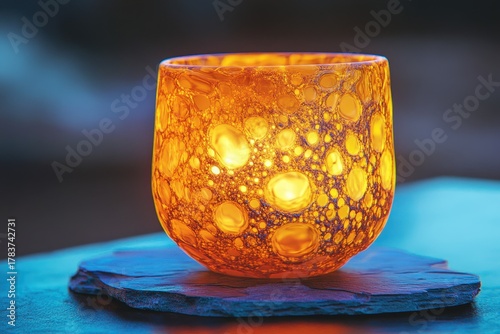 Intricate, amber-hued candleholder with captivating bubbles.