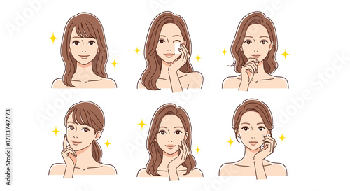 Set of six illustrations of womens faces showing different skincare routines and expressions