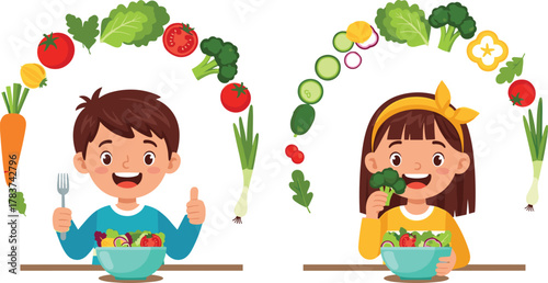 Children eating vegetables, healthy food cartoon, salad bowl illustration, nutrition education vector, vegetable arch design, kids enjoying greens, isolated on white background