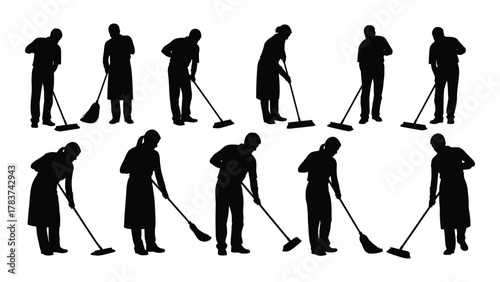 Cleaning people silhouettes collection isolated on white background, Vector