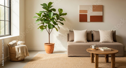 Modern Minimalist Living Room with Fiddle Leaf Fig Plant