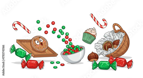 A festive arrangement of Christmas sweets featuring a surprised gingerbread cookie, colorful candies, chestnuts, and candy canes