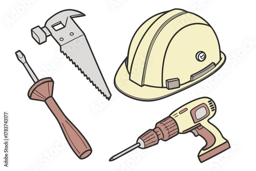 Assorted Construction Tools And Safety Helmet On White Background building repair