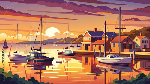 Very beautiful panoramic view of sailboats in the harbor at sunset on Martha’s Vineyard, Massachusetts, USA, featuring warm golden sky, calm water reflections, and a realistic serene coastal atmospher