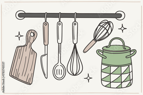 Hand Drawn Kitchen Utensils and Pot Hanging on a Rail cooking tools kitchenware