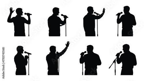 Speaker silhouettes with microphones isolated on white background, Vector