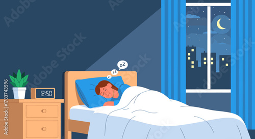 Person sleeping peacefully in bed at night with city lights visible through the window