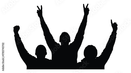 Celebrating crowd silhouette with raised arms isolated on white background, Vector