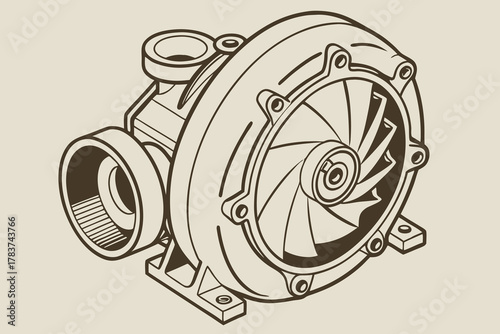 Isometric Illustration of a Turbocharger Engine Component mechanical industrial