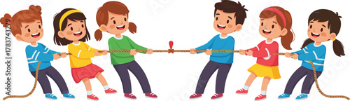 Children tug-of-war cartoon, teamwork activity illustration, playful competition vector, group game scene, physical education concept, colorful character set, isolated on white background