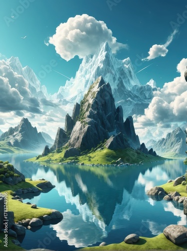 Majestic Rocky Mountain Reflection in Tranquil Lake Under Clear Blue Sky with Fluffy Clouds