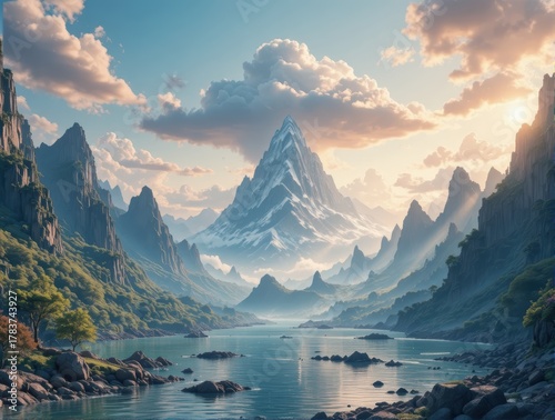 Majestic Snow-Capped Mountain Overlooking a Tranquil River Valley at Sunset with Dramatic Clouds