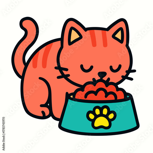 Adorable cartoon cat lovingly eating from a bowl, expressing contentment and joy, perfect for pet product ads or children's content with playful charm
