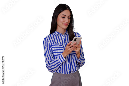 Young businesswoman using smartphone for social media or messaging, smiling while standing, transparent background