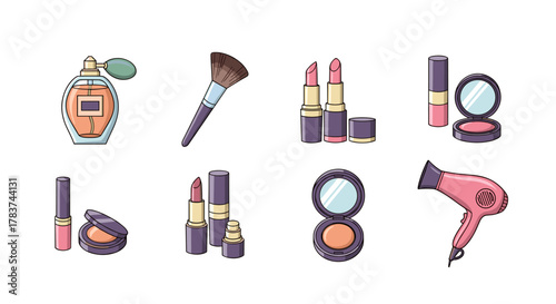 A vibrant and charming cartoon illustration set featuring essential beauty icons, including a classic perfume bottle, a makeup brush, various lipsticks, compact powders, and a pink hairdryer, all