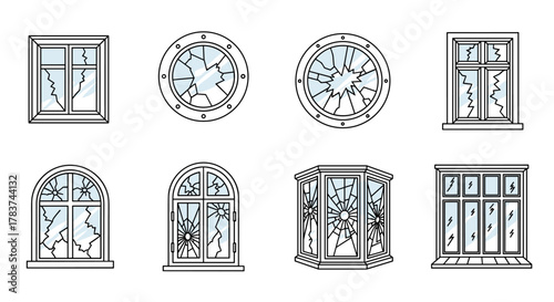 Collection of eight diverse broken window outline illustrations, featuring various shapes and styles including rectangular, circular, arched, and bay windows, all with cracked glass, perfect for