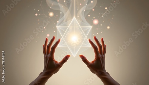 Illuminated Hands Reaching Towards a Radiant Geometric Symbol in a Mystical Atmosphere