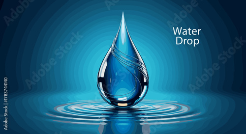 A single, perfectly formed water droplet, rendered in a hyperrealistic style, suspended above rippling water, with subtle internal swirling lines, set against a gradient blue background, symbolizing