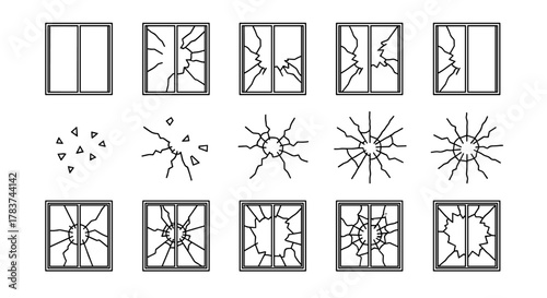 Collection of minimalistic outline icons representing broken windows, from a pristine pane to various stages of shattering, including scattered glass fragments and radial crack patterns, suitable for