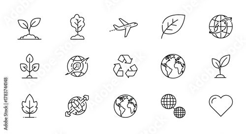 Bundle of Global Related Line Icons, Featuring Leaves, Airplane, and Eco Outline Signs for Graphic and Web Design, Apps, Advertisements, Various Cards, and Vector Cartoon Illustrations. This
