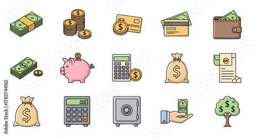 Vibrant Isometric Collection of Cash and Money-Related Icons: Stack of Bills, Coins, Piggy Bank, Credit Card, Wallet, Calculator, Money Bag, Safe, Hand Holding Cash, and Money Tree, Perfect for
