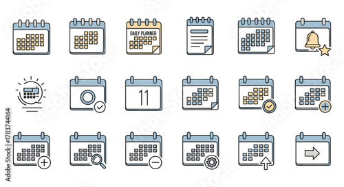 A collection of flat line icons representing various calendar functions and concepts, including daily planners, event reminders, date selection, adding events, searching, and scheduling, presented on