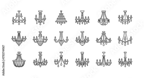 Set of 18 minimalistic line art chandelier icons for web and graphic design, apps, banners, social networks, and cards. Vector cartoon illustration with a white background, representing elegant
