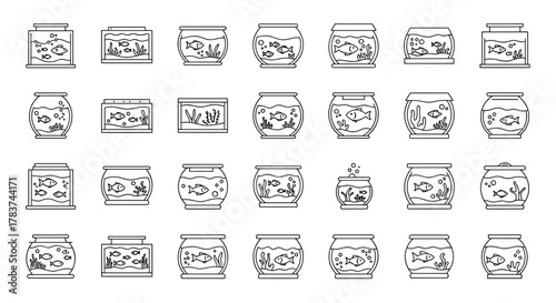 Collection of simple linear outline illustrations of aquariums, featuring various fish species, aquatic plants, and bubbles, presented on a clean white background, perfect for web, books, cards, and
