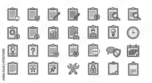 Collection of clipboard-related vector icons, perfect for infographics, articles, books, flyers, and banners, featuring editable strokes and a cartoon illustration style, including icons for