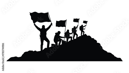 Mountain climbers with flags silhouette isolated on white background, Vector